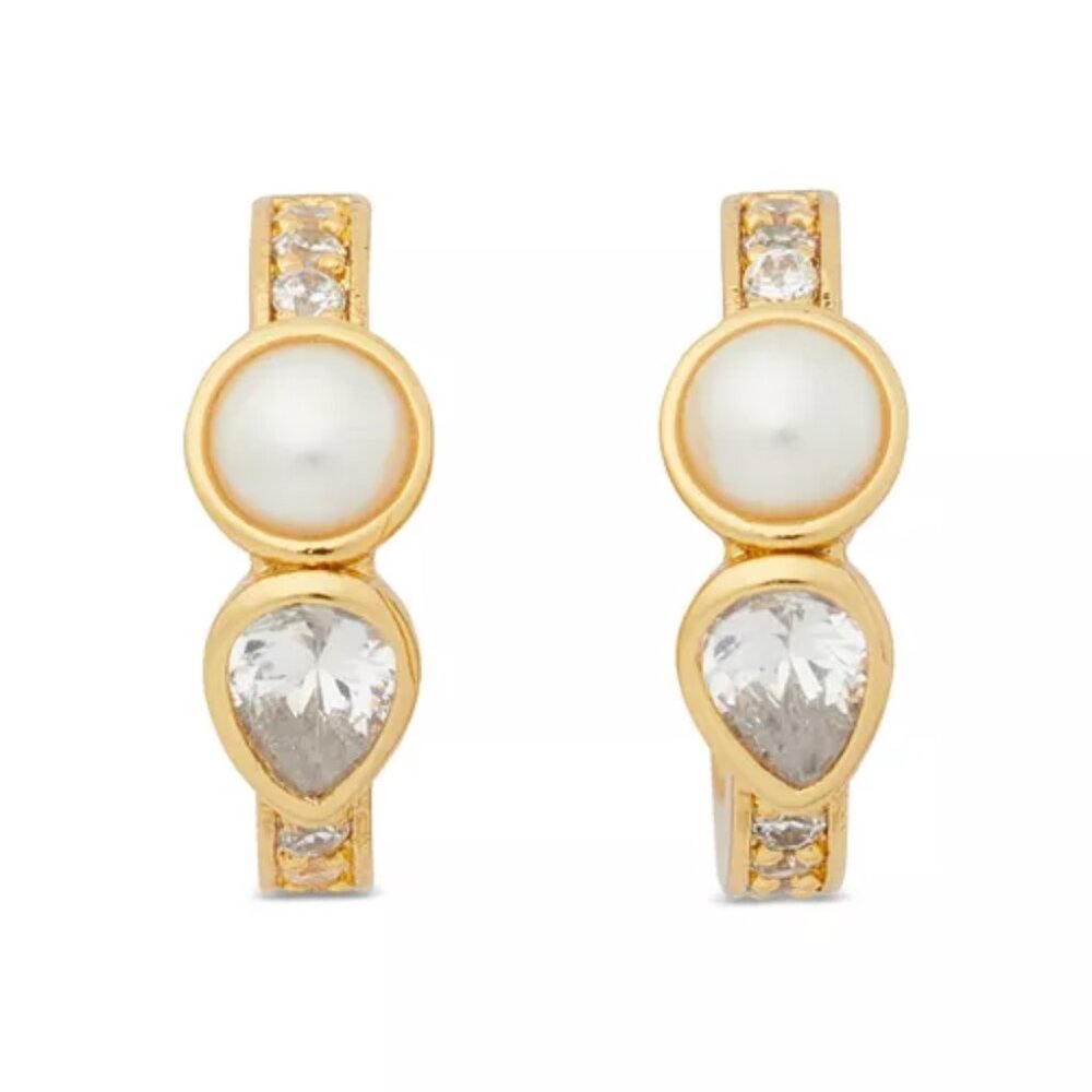 kate spade Bubbly Bezel Imitation Pearl & Cubic Zirconia Huggie Hoop Earring/NWT